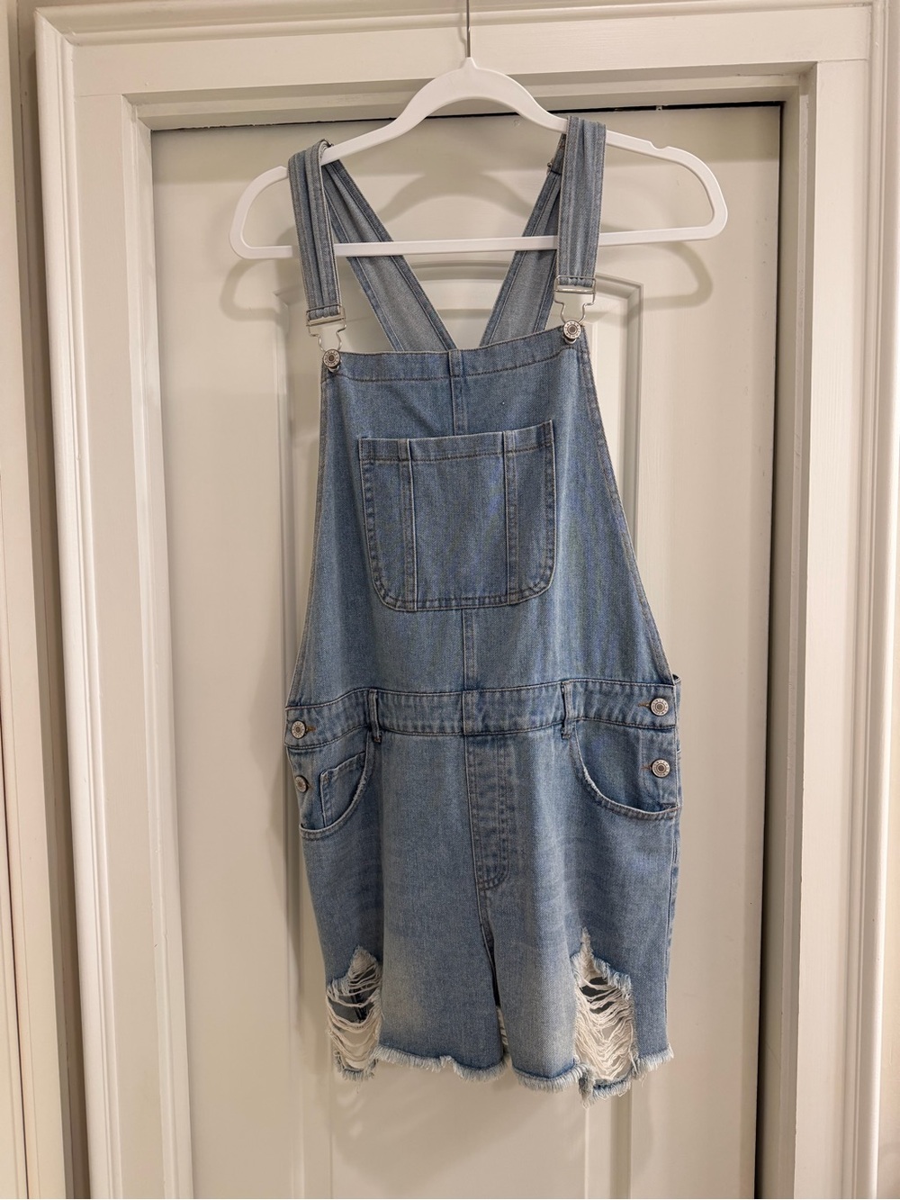She + Sky Light Blue Denim Overall Romper with Distressed Hem